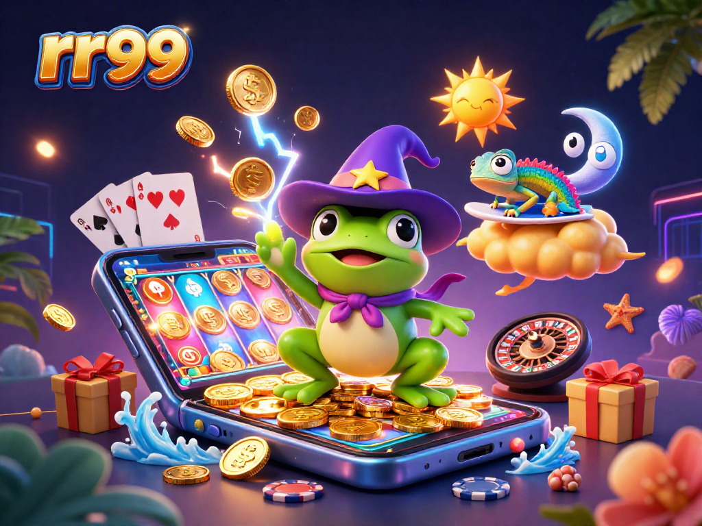 Play and win with rr99: A vibrant scene of magical characters creating a casino adventure.