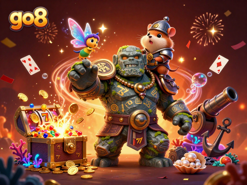 Spin slot reels with go8's playful golem guardian, fairy, and hamster knight amidst treasures.