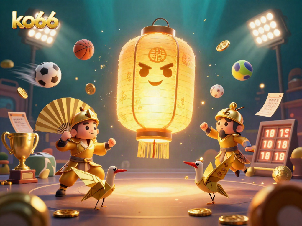 Engage with ko66's vibrant scene featuring a glowing lantern spirit among dynamic sports betting elements.