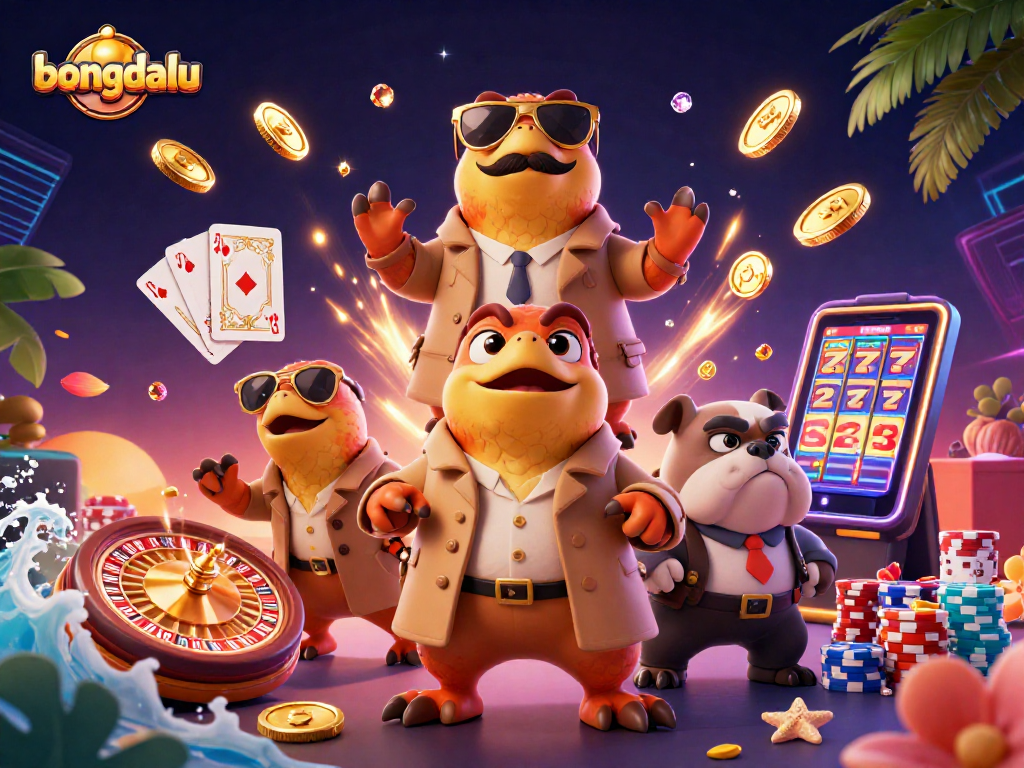 Bongdalu features three raptors in a trench coat entering a casino, surrounded by dynamic gaming elements.
