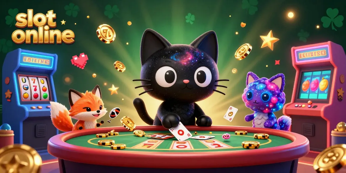 Engage with slot online games as the cosmic cat pulls in coins and cards in a fun-filled casino scene.