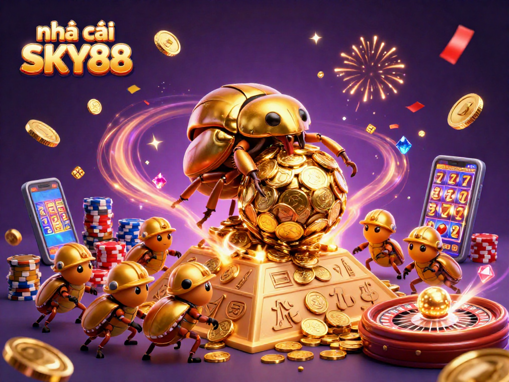 Experience the excitement of nhà cái SKY88 with golden coins, vibrant games, and fireworks in this dynamic casino scene.