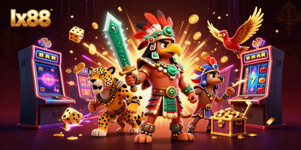 Experience the lx88 jackpot excitement with Aztec characters amidst a vibrant casino atmosphere.