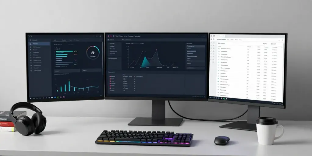 Network vulnerability assessment tool on a curved monitor in a modern developer workspace.