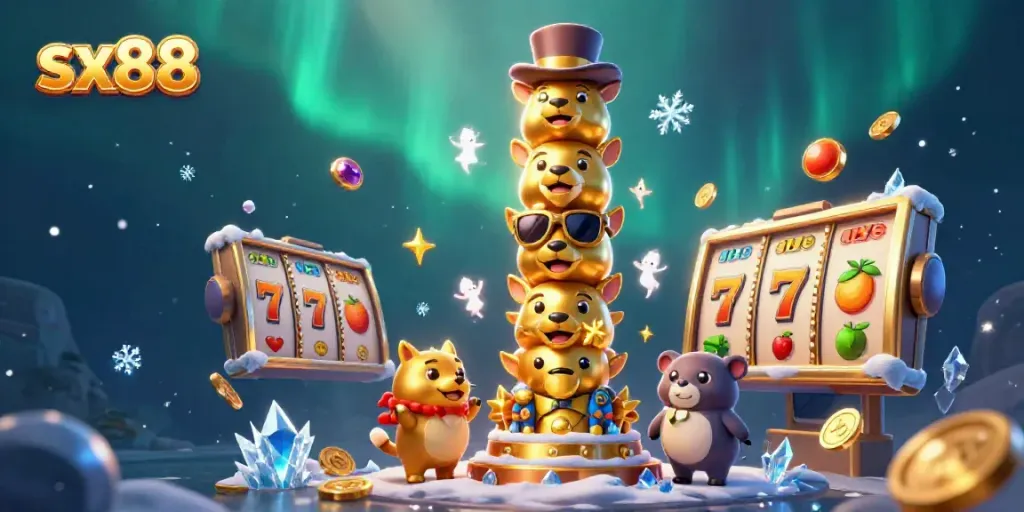 Spin the reels with sx88's vibrant 3D totem pole amidst jackpot symbols and dynamic elements.