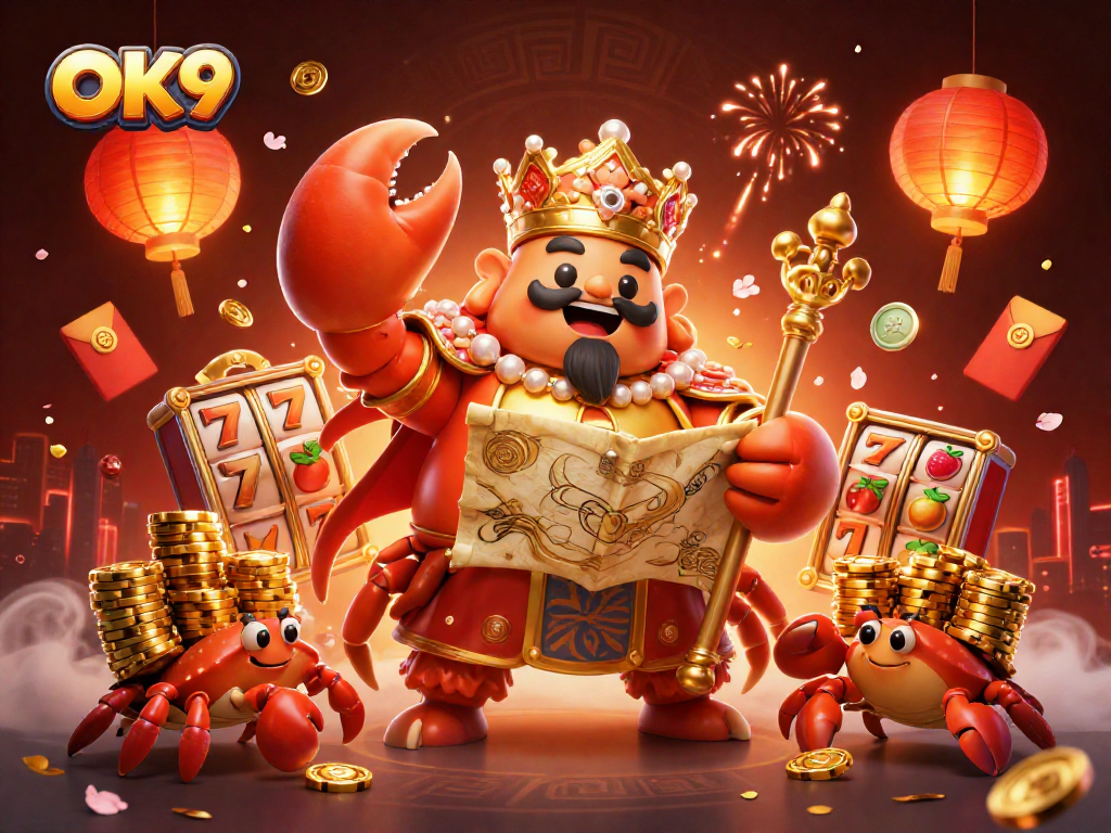Experience thrilling gameplay in OK9's vibrant casino universe with a golden crab emperor overseeing exciting slot machines.
