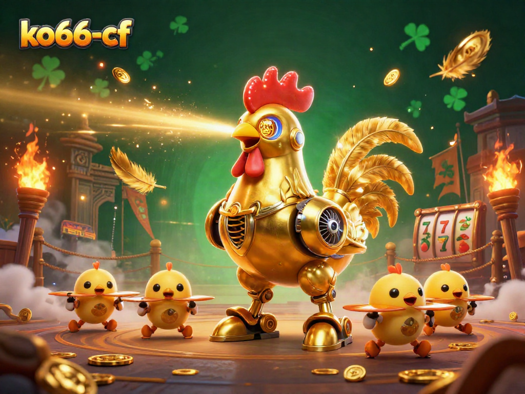 Engage in dynamic gameplay with ko66-cf featuring an epic 3D rooster robot and baby chick drones.