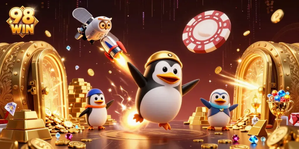 98 WIN casino adventure featuring a golden penguin and poker chip space station.