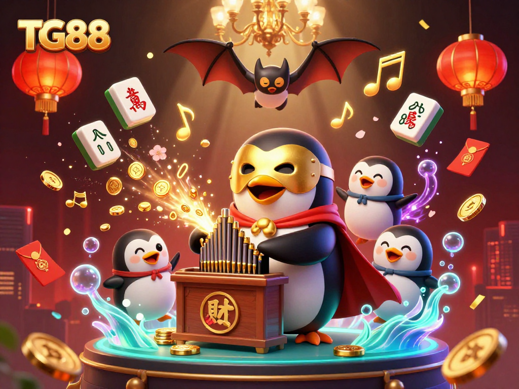 Engage with TG88 as the phantom opera penguin plays, shooting golden coins in a vibrant casino scene.