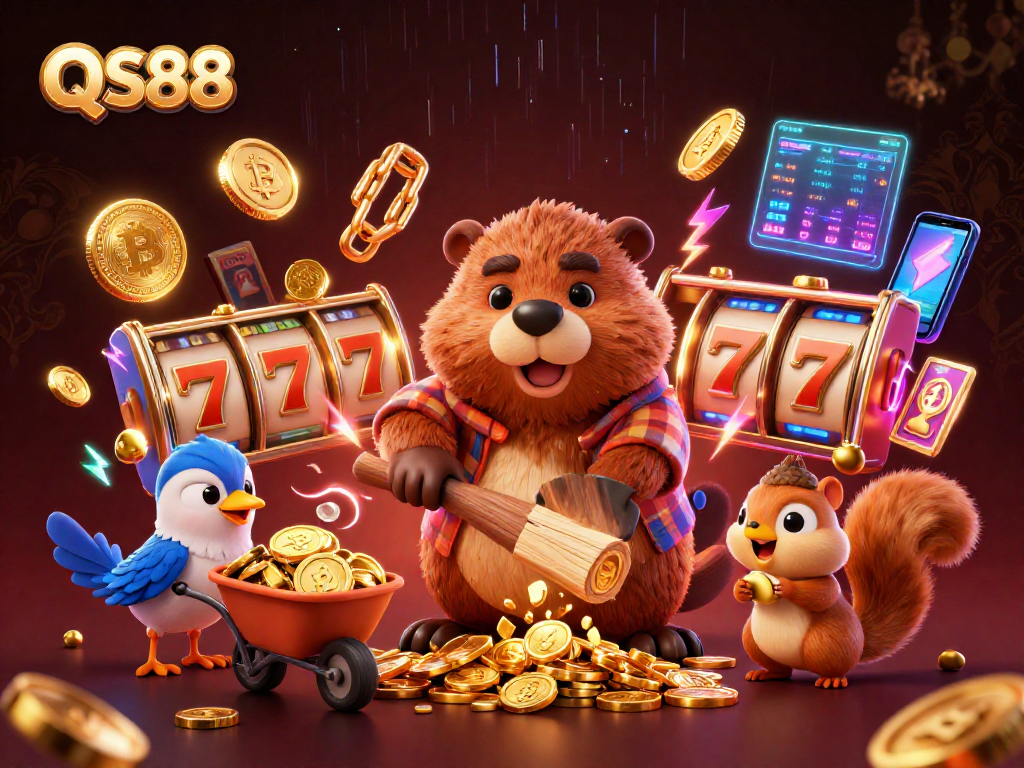 Experience winning moments with QS88 in this vibrant casino-themed illustration showcasing a lively scene of coin collection.