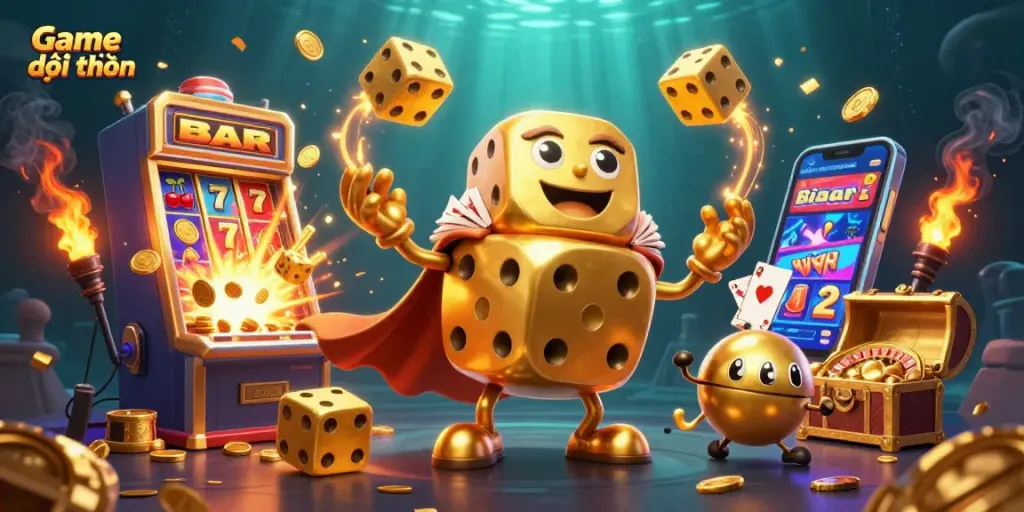 Engage in exciting Game đổi thưởng with a vibrant scene featuring golden dice, slots, and jackpot visuals.