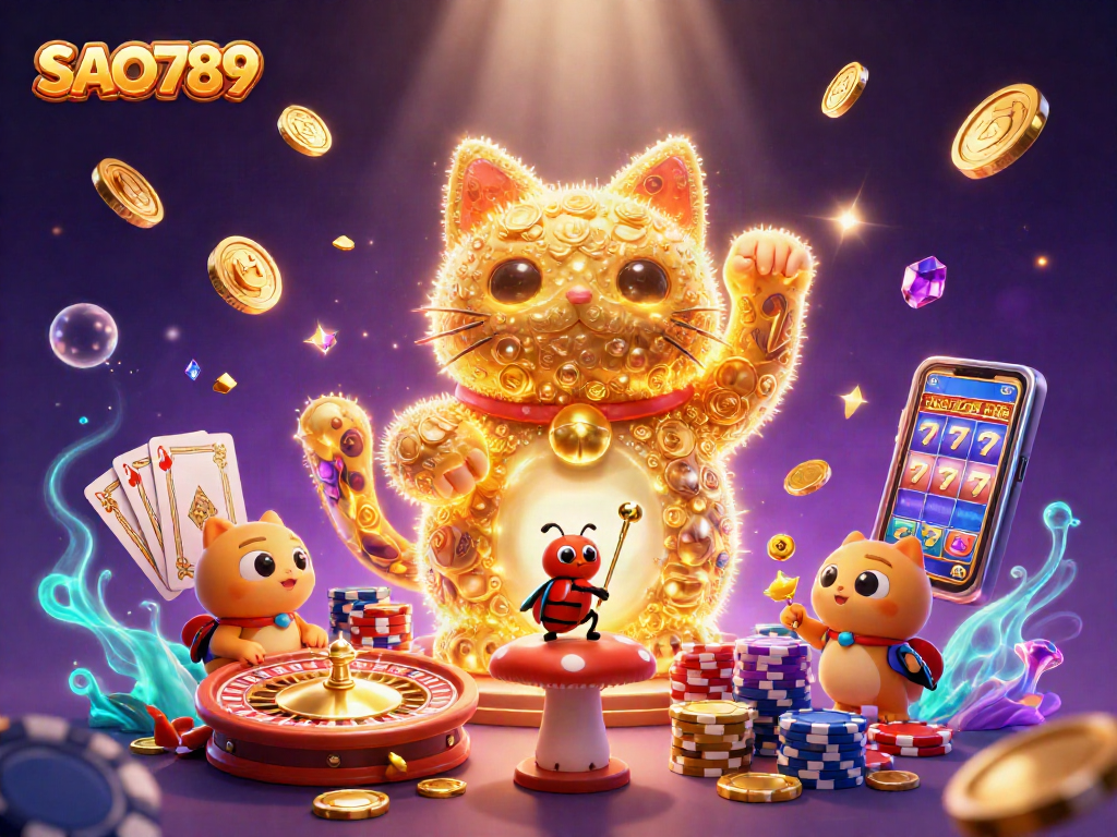 Engage in thrilling gameplay at SAO789 with a lucky cat symbol and dynamic casino elements.