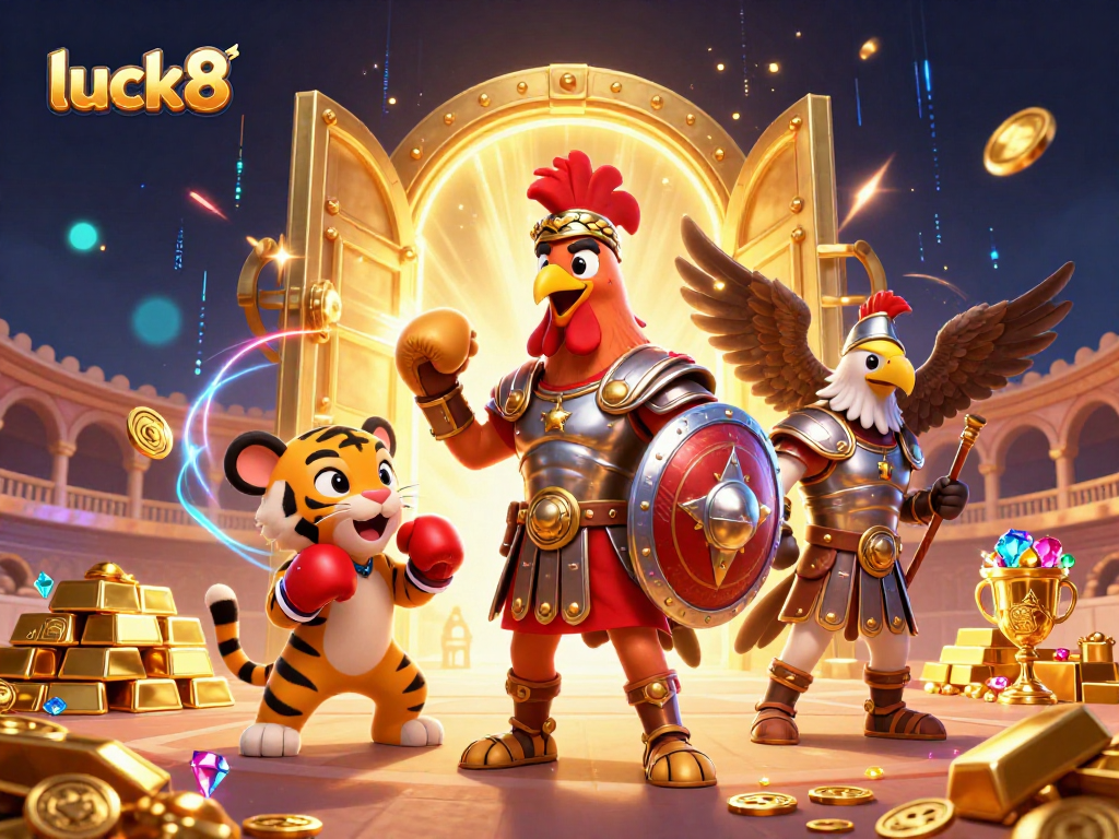 Luck8 offers thrilling gambling action with a gladiator rooster in an arena surrounded by treasures.