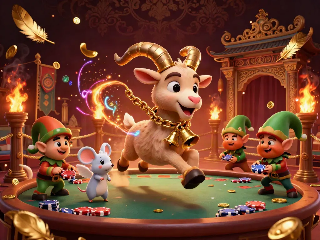Experience the festive chaos at AE888 Casino with a Krampus goat and angel mouse managing playful elf gremlins.