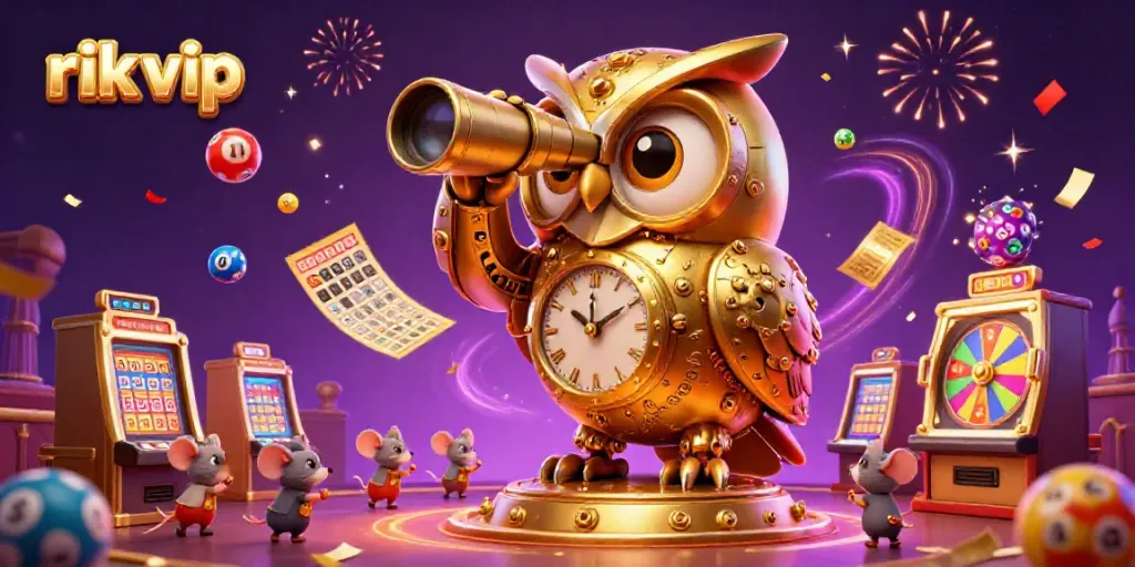 Experience thrills with rik vip: a golden owl and lively characters amidst vibrant casino games.