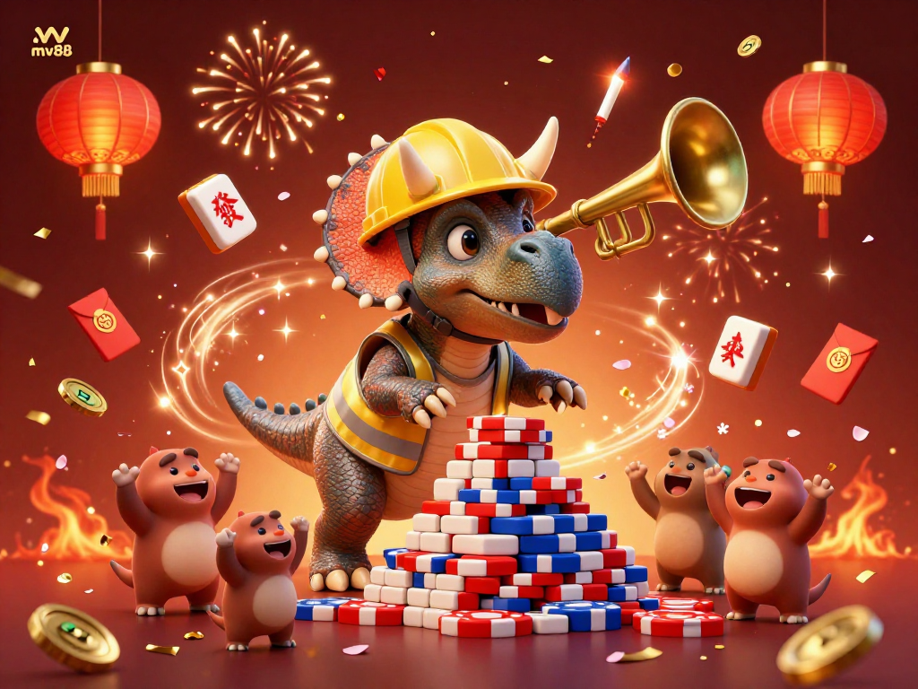 Celebrate at mv88 with a lively 3D scene, featuring vibrant casino elements and festive characters.
