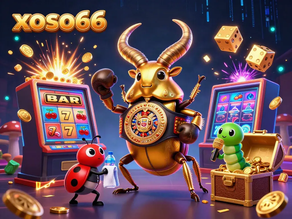Engage with xoso66 in this vibrant casino scene featuring a golden beetle and dynamic gaming elements.