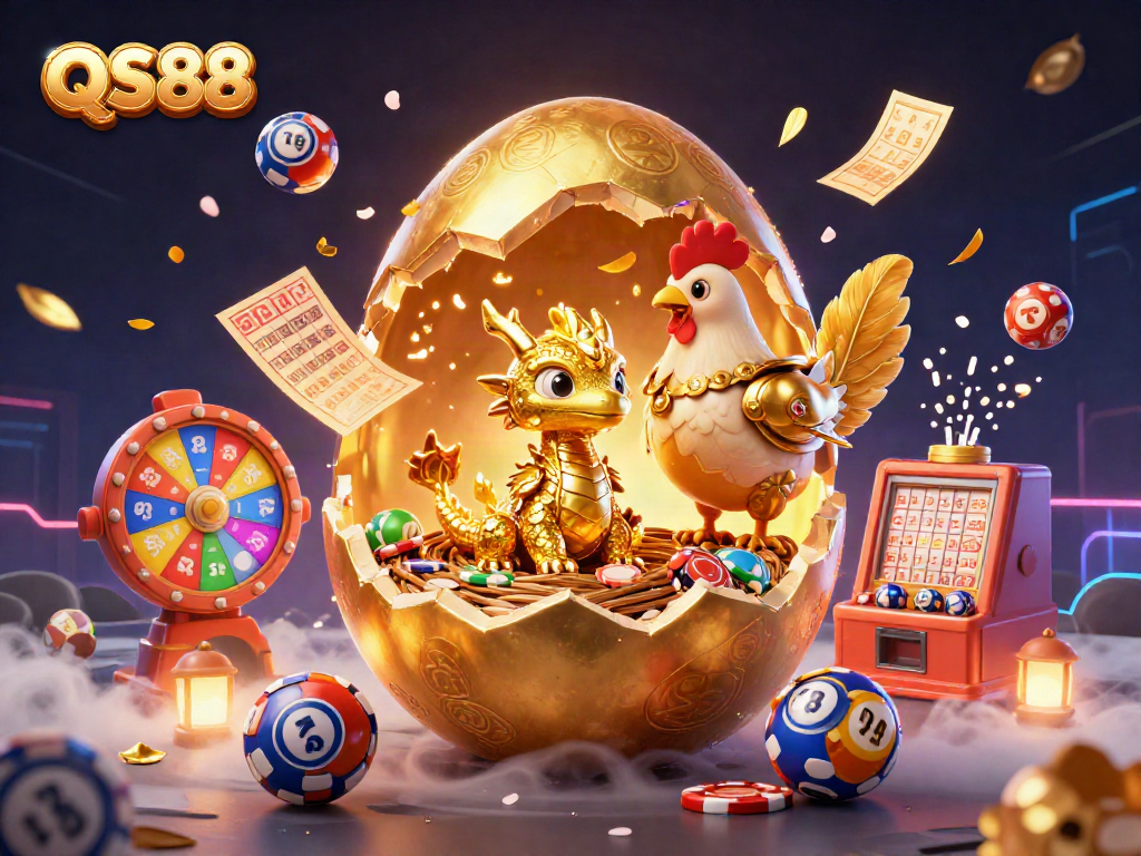 Experience the thrill of QS88 with a golden baby dragon and casino-themed elements.
