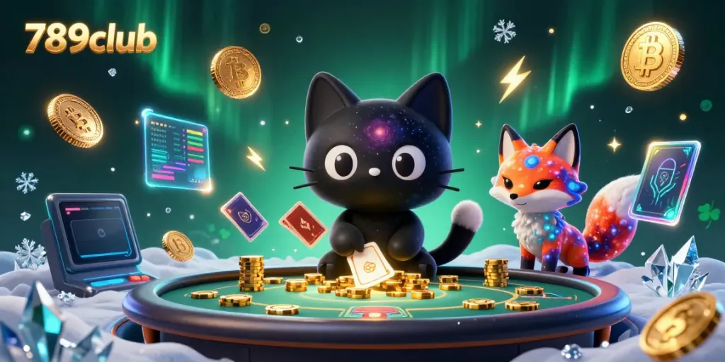 Win big with 789club at a cosmic casino table, featuring vibrant characters and crypto elements.
