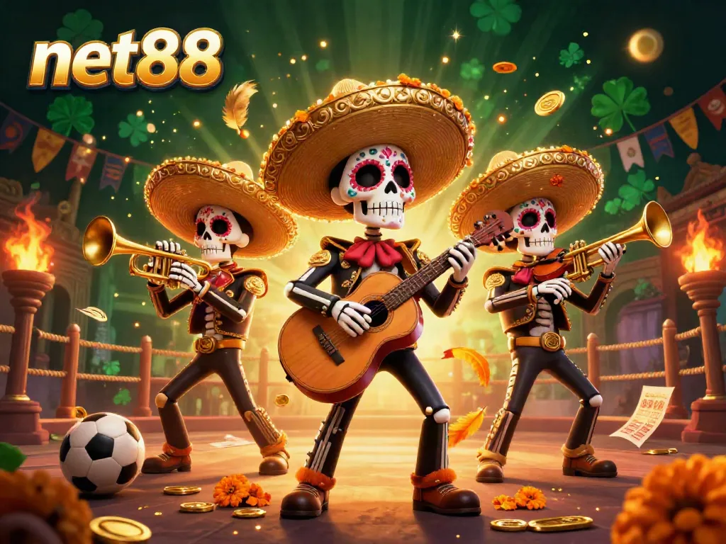 Bet on net88 with vibrant mariachis celebrating in a sports-themed sportsbook.