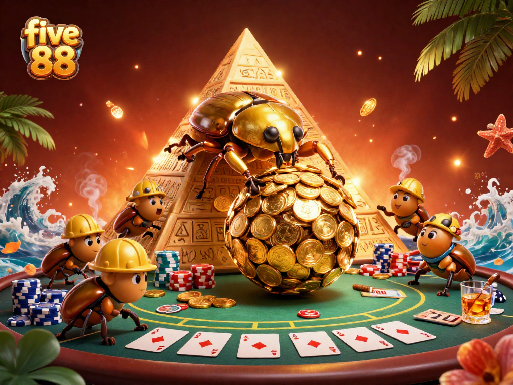 Experience the excitement of five 88 with a vibrant casino-themed illustration featuring golden coins and poker symbols.