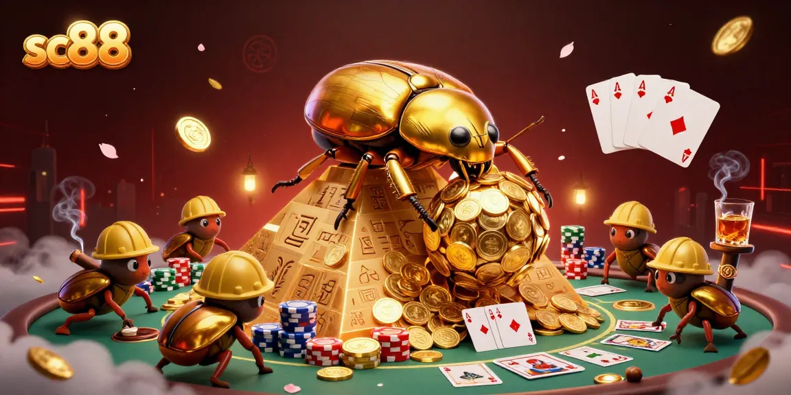 Engage with sc88’s vibrant casino scene featuring golden beetles and poker excitement.