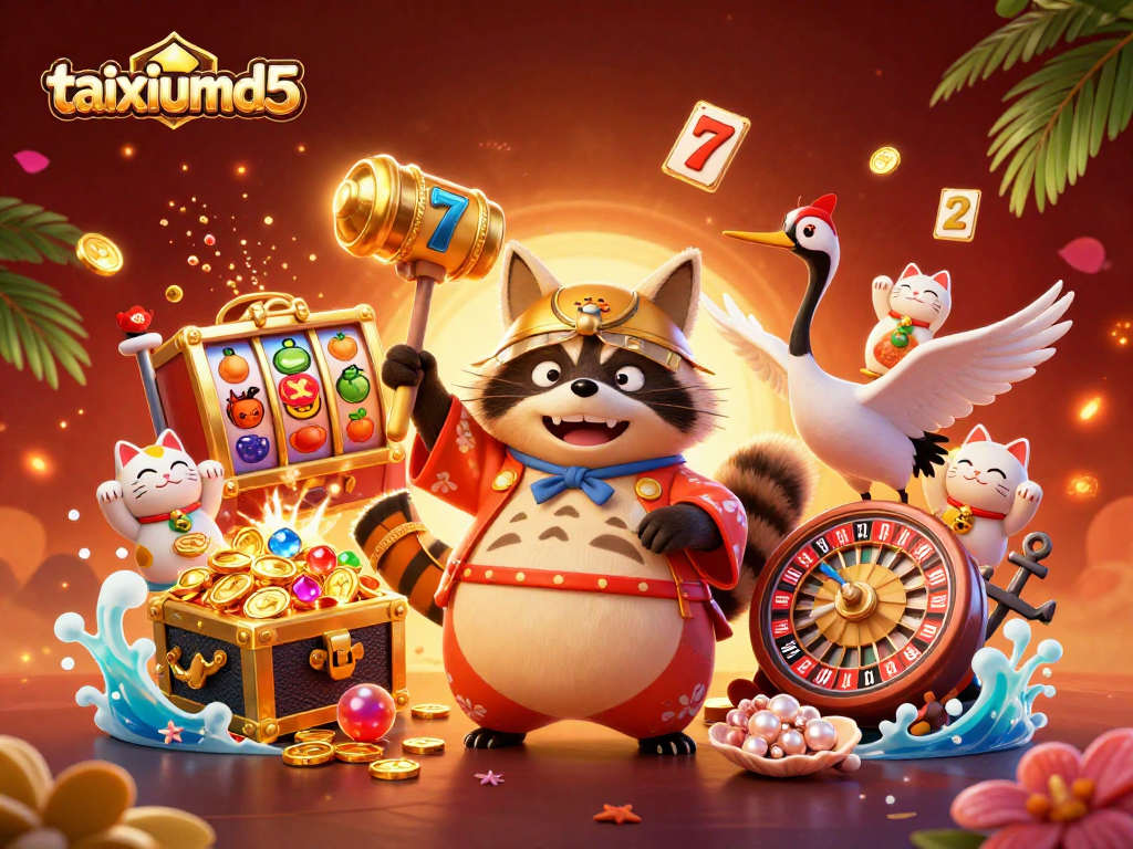 Play exciting casino games like taixiumd5 with a 3D illustration of cheerful tanuki and lucky symbols.