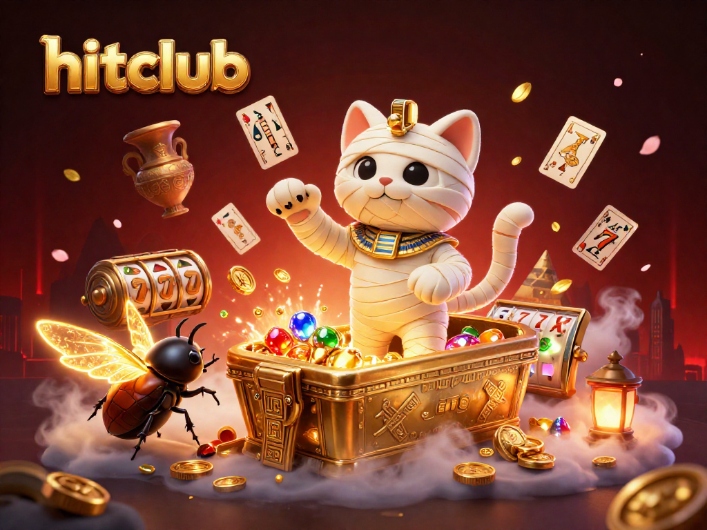 Spin the reels at hitclub with a mummy cat and treasure-filled casino scene exhibiting thrilling slots action.