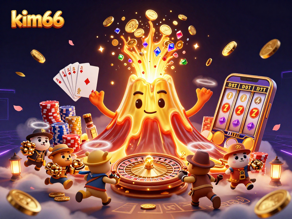 KIM66 casino scene thriving with treasure-toting animals amidst a golden volcano eruption showcasing dynamic gambling elements.