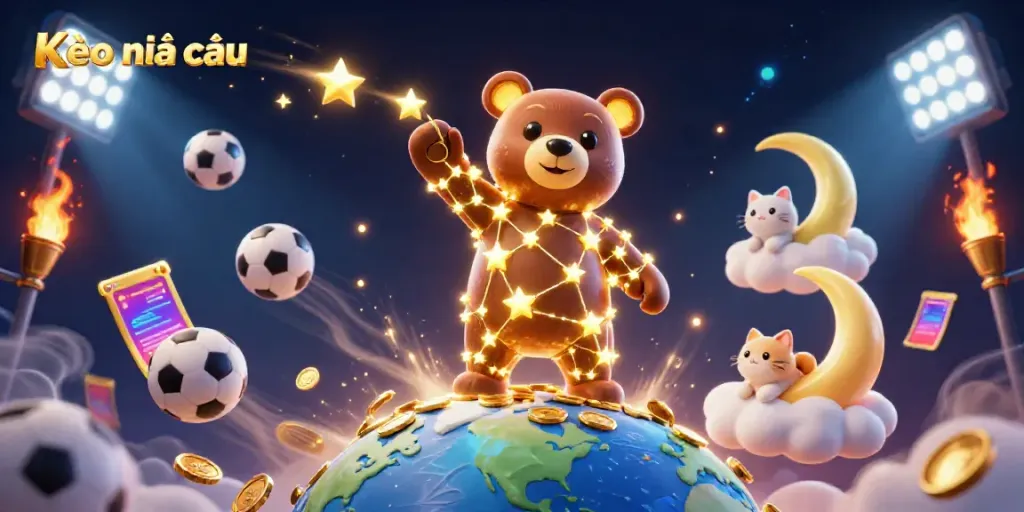 Experience Kèo nhà cái with a dynamic scene of a constellation bear collecting coins and sports elements.