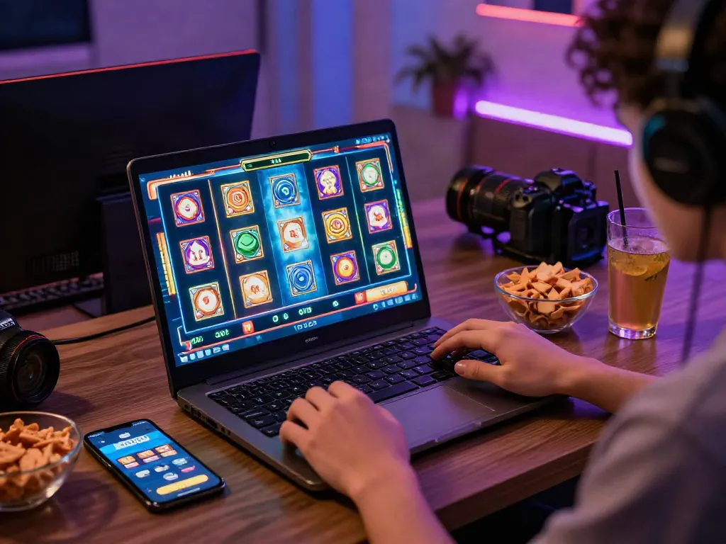 Exciting KOITOTO online slot gaming setup with vibrant icons and user enjoying the game.