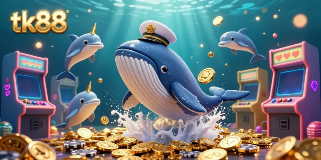 Experience thrilling adventures with tk88 featuring a captain whale, a golden narwhal, and dolphins amidst glowing casino elements.
