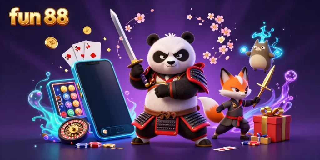 Experience thrilling gaming with fun 88 in an action-packed scene of samurai panda and fox.