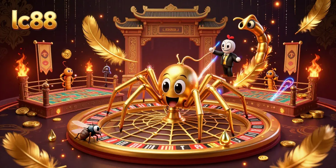 Engage with lc88 as a golden spider spins a roulette wheel web, thrilling bets happening in a casino atmosphere.