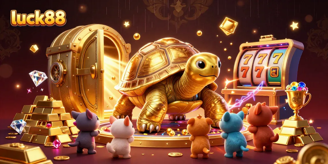 Play exciting games at luck88, featuring a colossal golden tortoise pinball machine amidst treasures.