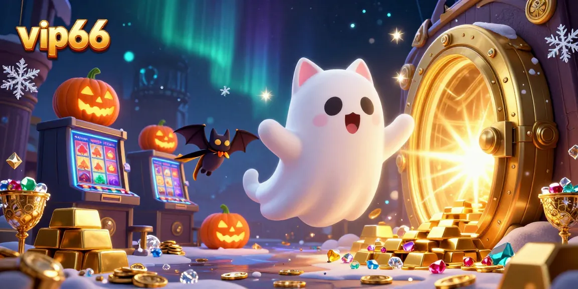 Engage in thrilling gaming at vip66 with a vibrant illustration of a ghost cat in a haunted casino.