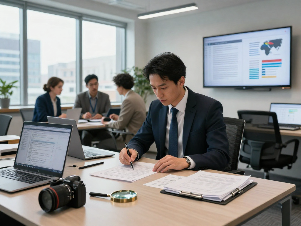 Document fraud detection scene with forensic accountant analyzing documents in a modern office setting.