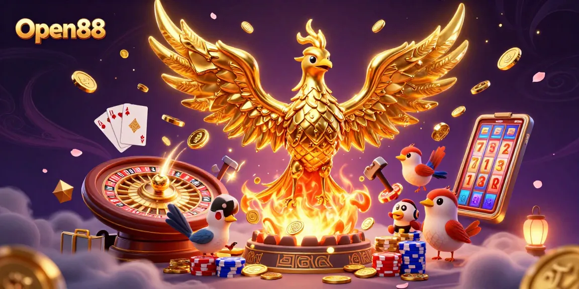 Experience the thrill of Open88 with molten gold phoenix and sparkling casino elements.