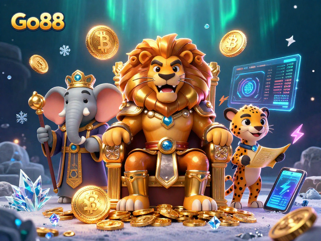 Play and win at Go88 with a dynamic scene of a lion king and casino game elements.