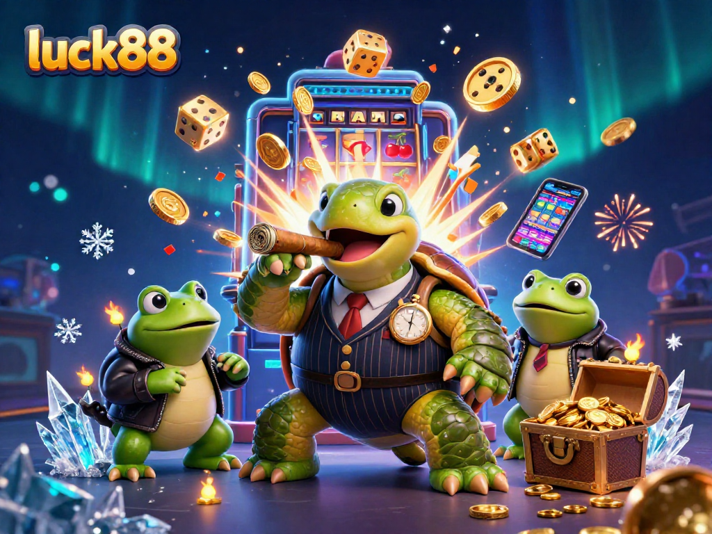 Win big at luck88 with a casino-themed scene featuring a mobster turtle and jackpot elements.