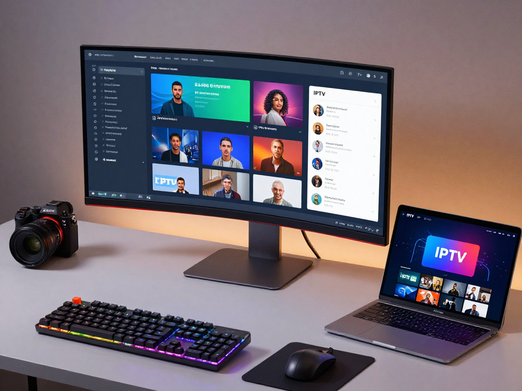 IPTV panel interface management within a modern tech workspace showcasing software development and innovation.