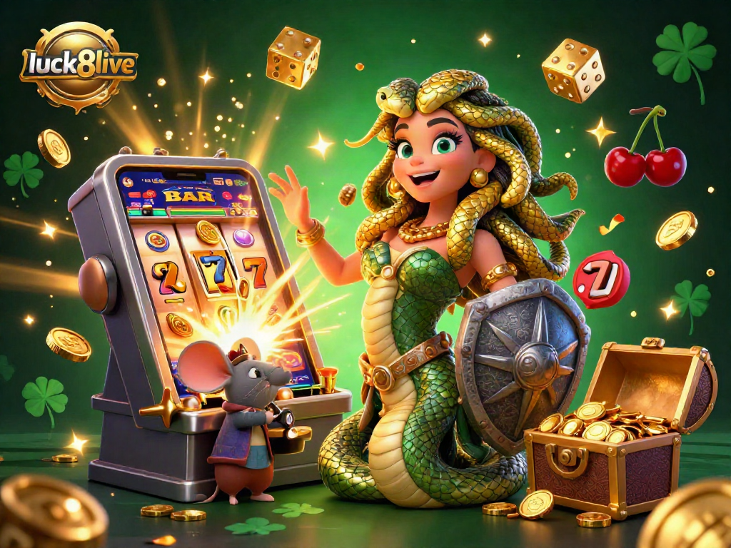 Experience the excitement of luck8live with a dynamic 3D scene featuring Medusa and winning casino elements.