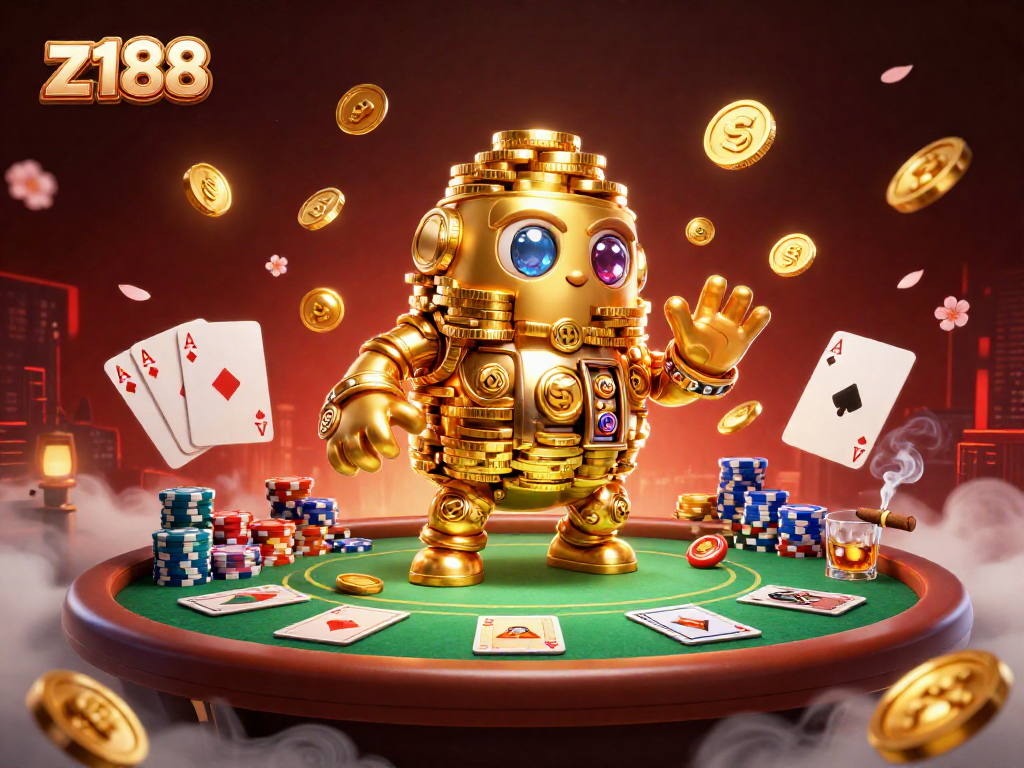 Experience z188's vibrant casino atmosphere with a golden golem surrounded by poker elements and dynamic energy.