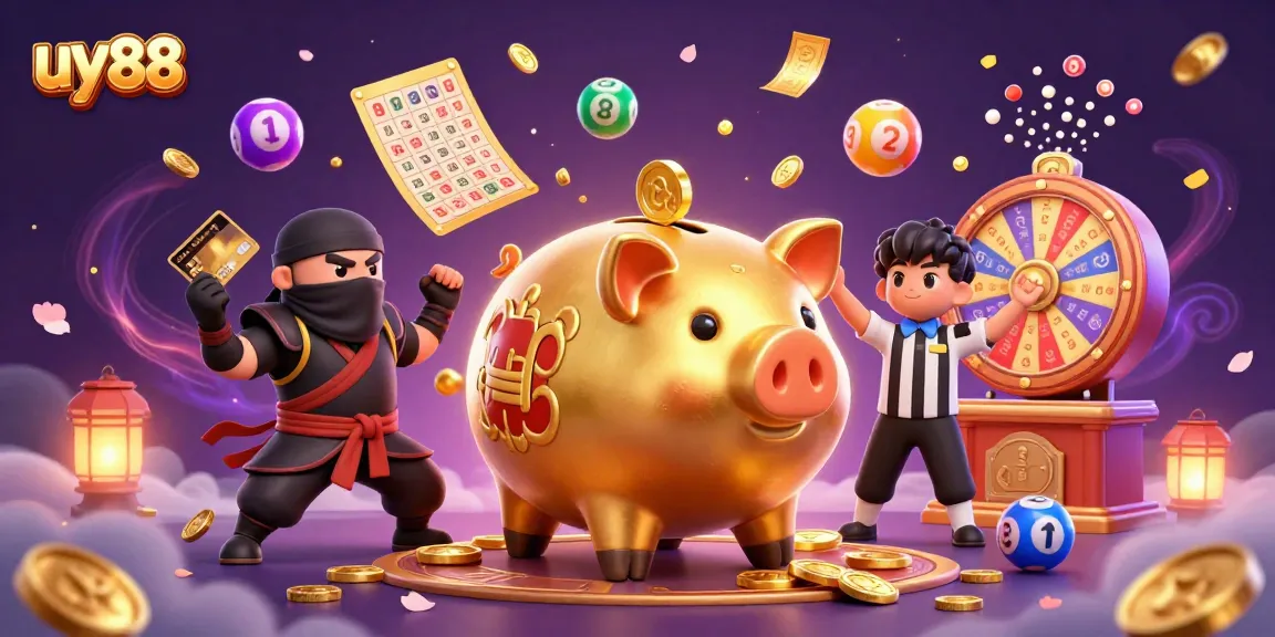 Join the excitement of uy88 with a dynamic scene featuring a golden piggy bank and action-packed casino elements.