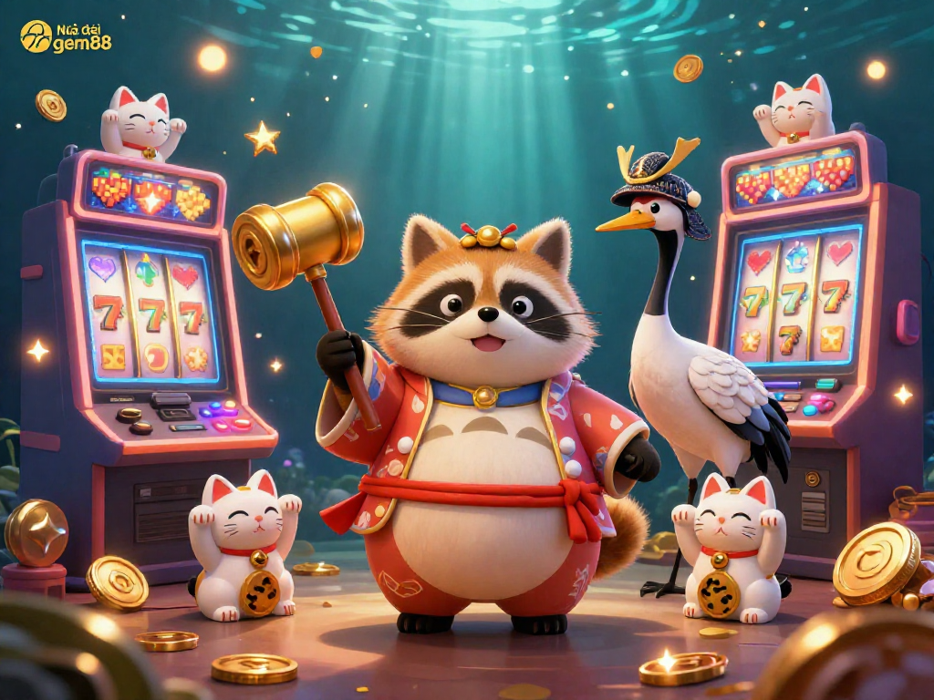 Engage with Nhà cái gem88 at a lively casino scene filled with colorful slots and playful characters.