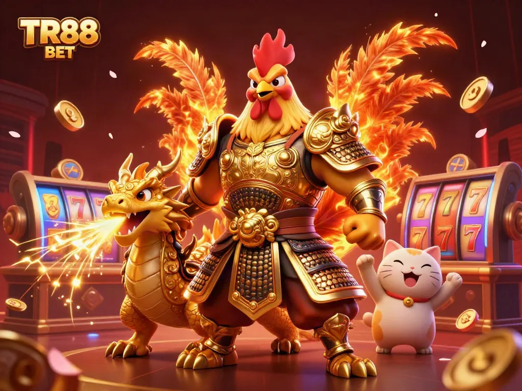 Engage with TR88 BET in this vibrant 3D scene featuring a heroic rooster, an armored dragon, and casino elements.