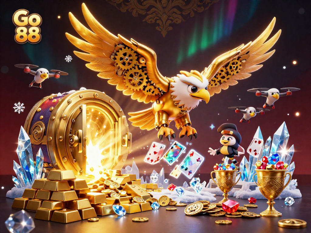 Experience the thrill of Go 88 with a vibrant 3D illustration showcasing a cybernetic eagle amidst a treasure-filled casino scene.