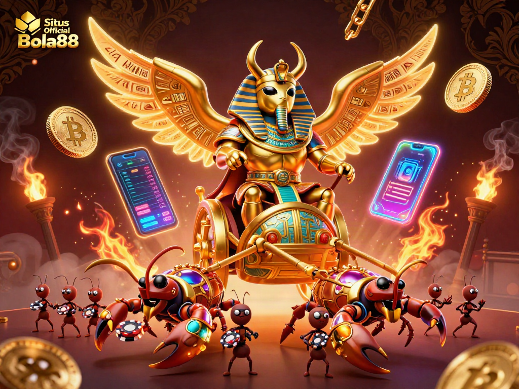 Situs Official Bola88 showcases an enthralling casino scene with engaging characters and dynamic digital elements.