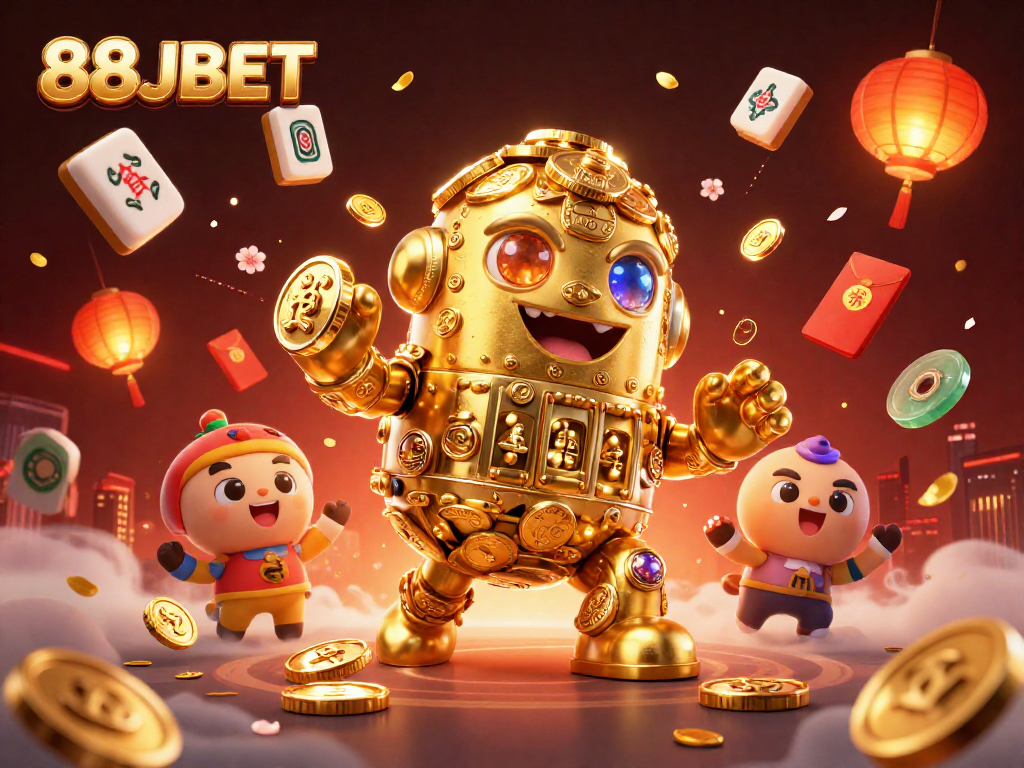 Play at 88JBET with a vibrant scene featuring a golden golem and festive casino elements.