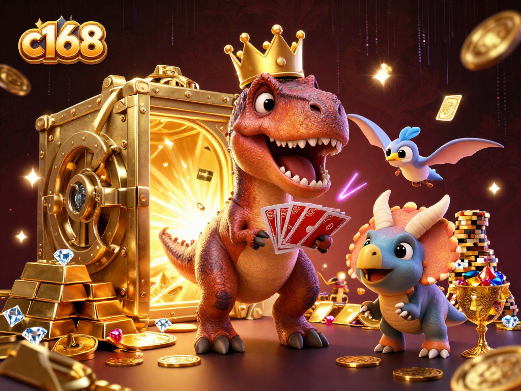 Join the fun at c168 as a friendly T-Rex and friends enjoy thrilling card games amidst treasures.